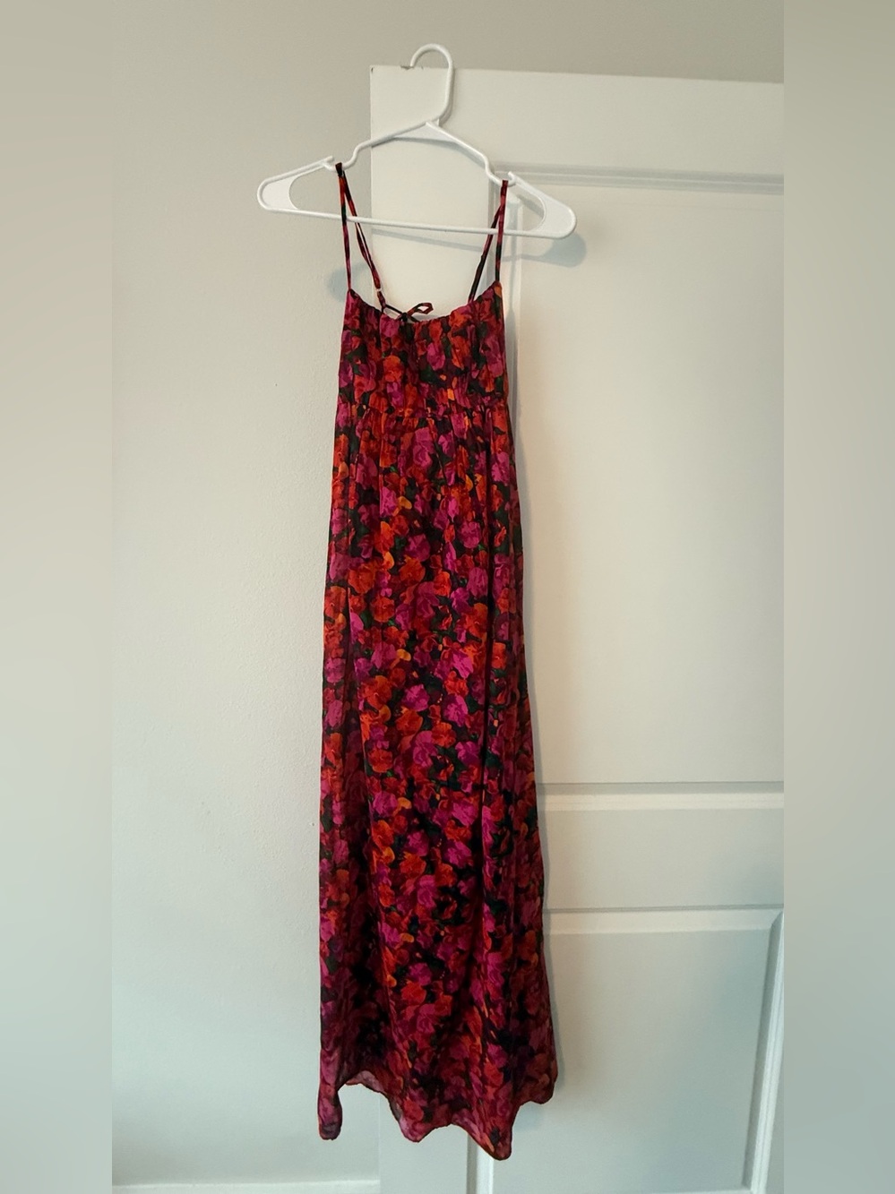 J.Crew Red Pink Floral Silk Chiffon Cami Maxi Dress Tie Back NWT❤️ - Picture 4 of 12
